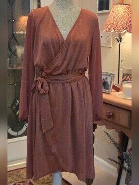 Halogen Sparkle Long Sleeve Faux Wrap Dress - size M
